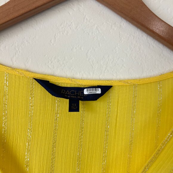 Rachel Roy Top Womens 0X Plus Yellow Silver Metallic Striped Front Tie Blouse - Picture 7 of 7